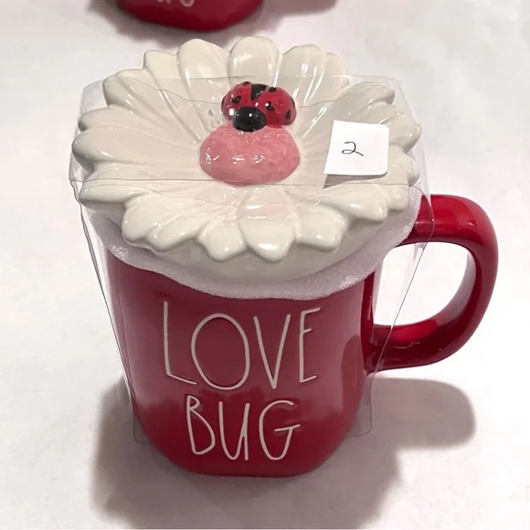 Rae Dunn LOVE BUG Ceramic Mug with Flower/Ladybug Topper Red/White - Picture 9 of 16